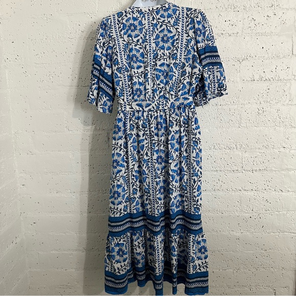Figueroa & Flower Midi Dress Xl Blue White Floral Short Sleeve Boho V Neck Rayon - Picture 6 of 7